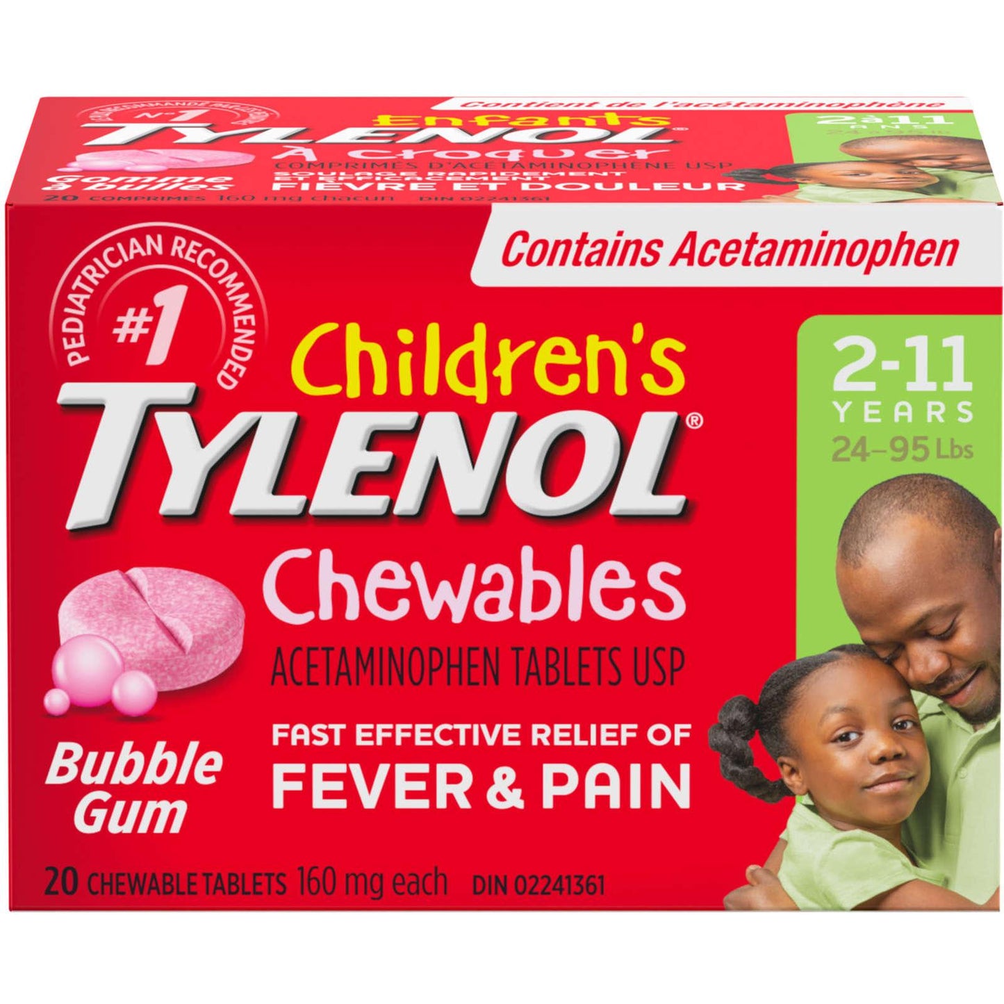 Tylenol Chewables pour enfants Fièvre et douleur Saveur Bubble Gum 20 comprimés