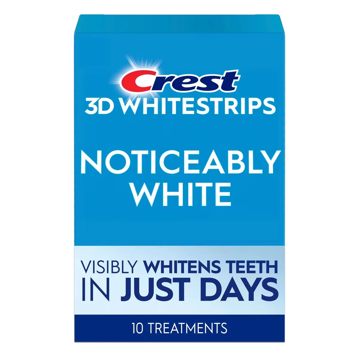 Crest 3D Whitestrips Noticeably White At-Home Teeth Whitening Kit, 10 Treatments, Visibly Whitens Teeth in just days front package