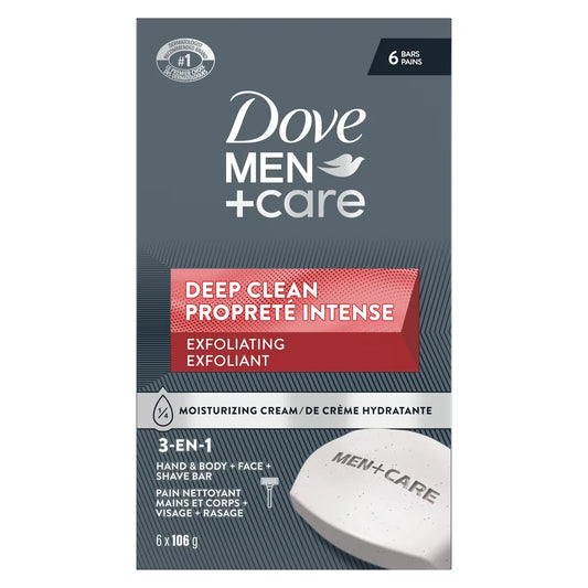 Dove Men+Care Deep Clean Hand & Body & Face & Exfoliation Bar Soap with purifying grains for healthy-looking and strong front package