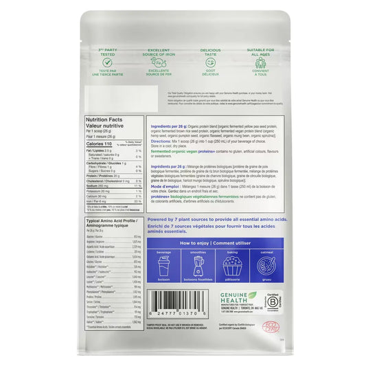 Genuine Health fermented organic vegan proteins+ unflavoured 10 serve gusset bag product detail