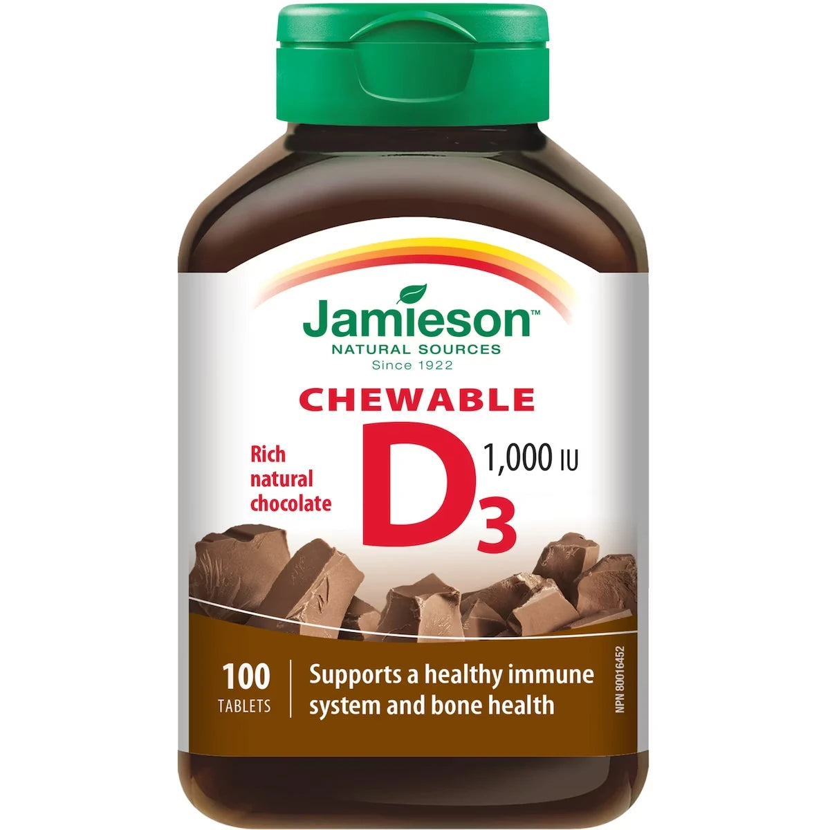 Jamieson Natural Chocolate Flavour Chewable Vitamin D 1,000 IU Tablets front package