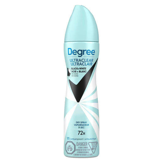 Degree for Women Dry Spray Antiperspirant Black+White antibacterial odour protection 107 GR front package