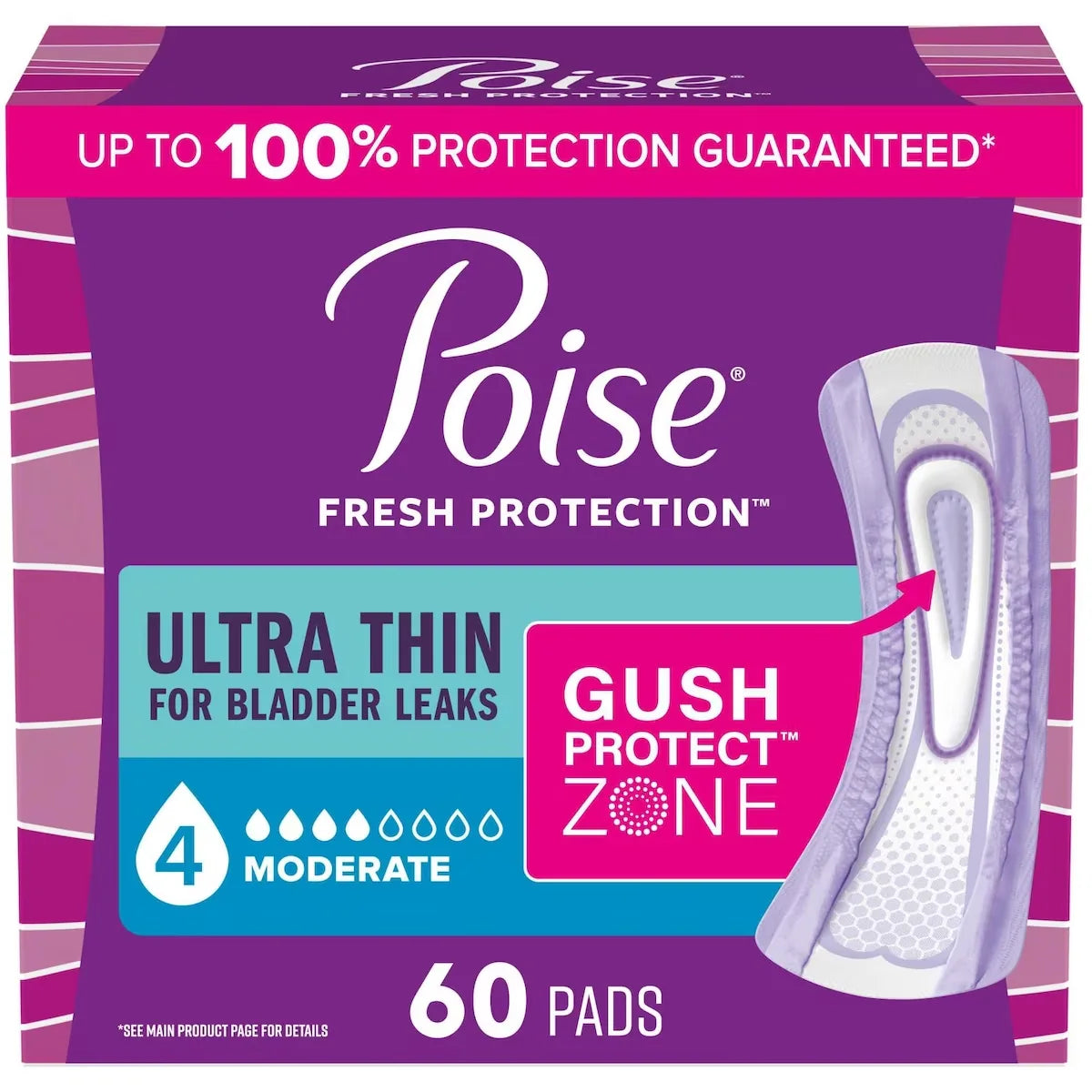 Poise Ultra Thin Incontinence & Postpartum Pads for Bladder Leaks, 4 Drop Moderate Absorbency, Regular Length front package