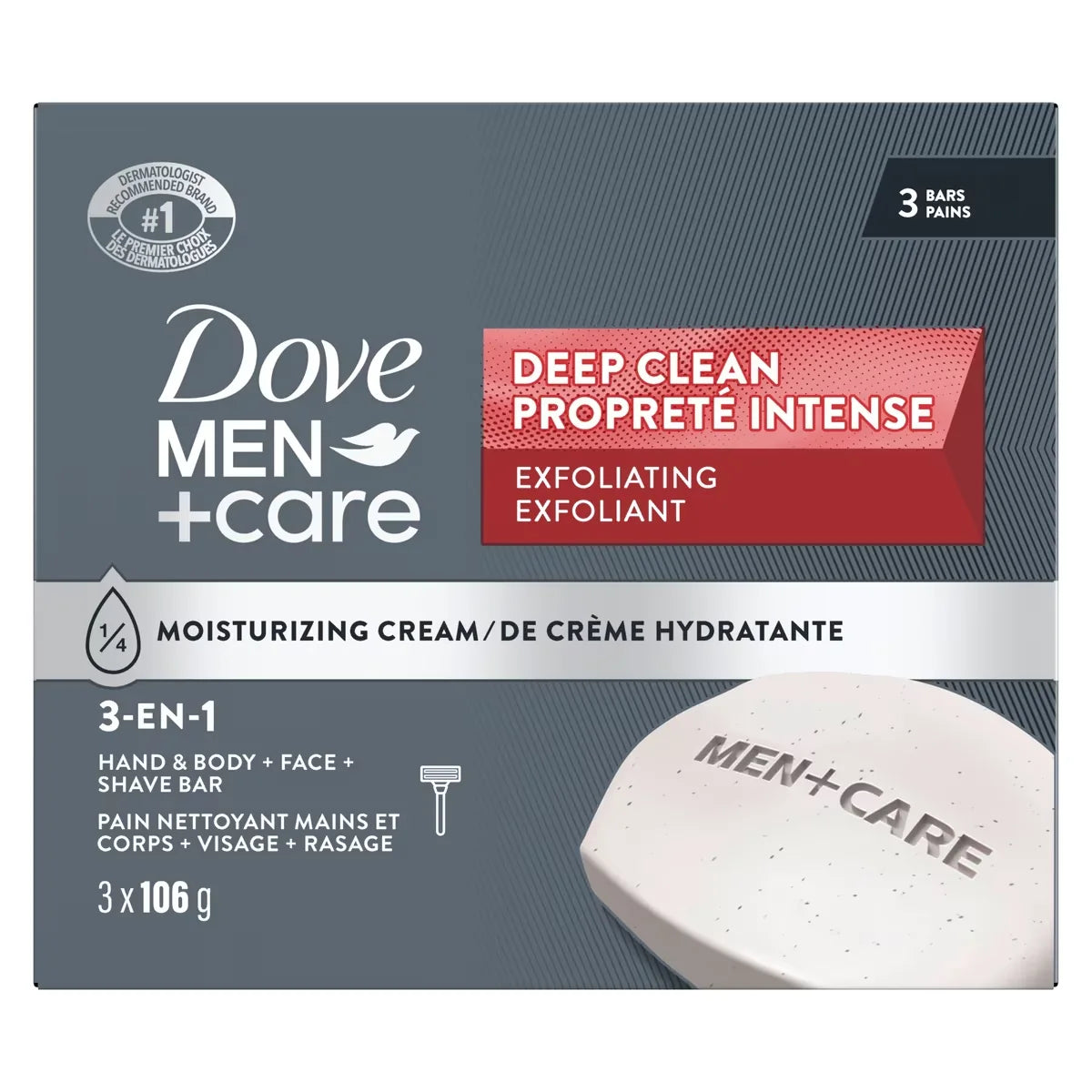 Dove Men+Care Body and Face Bar for healthy and strong skin Deep Clean 1⁄4 moisturizing cream 106 g Pack of 3 front package