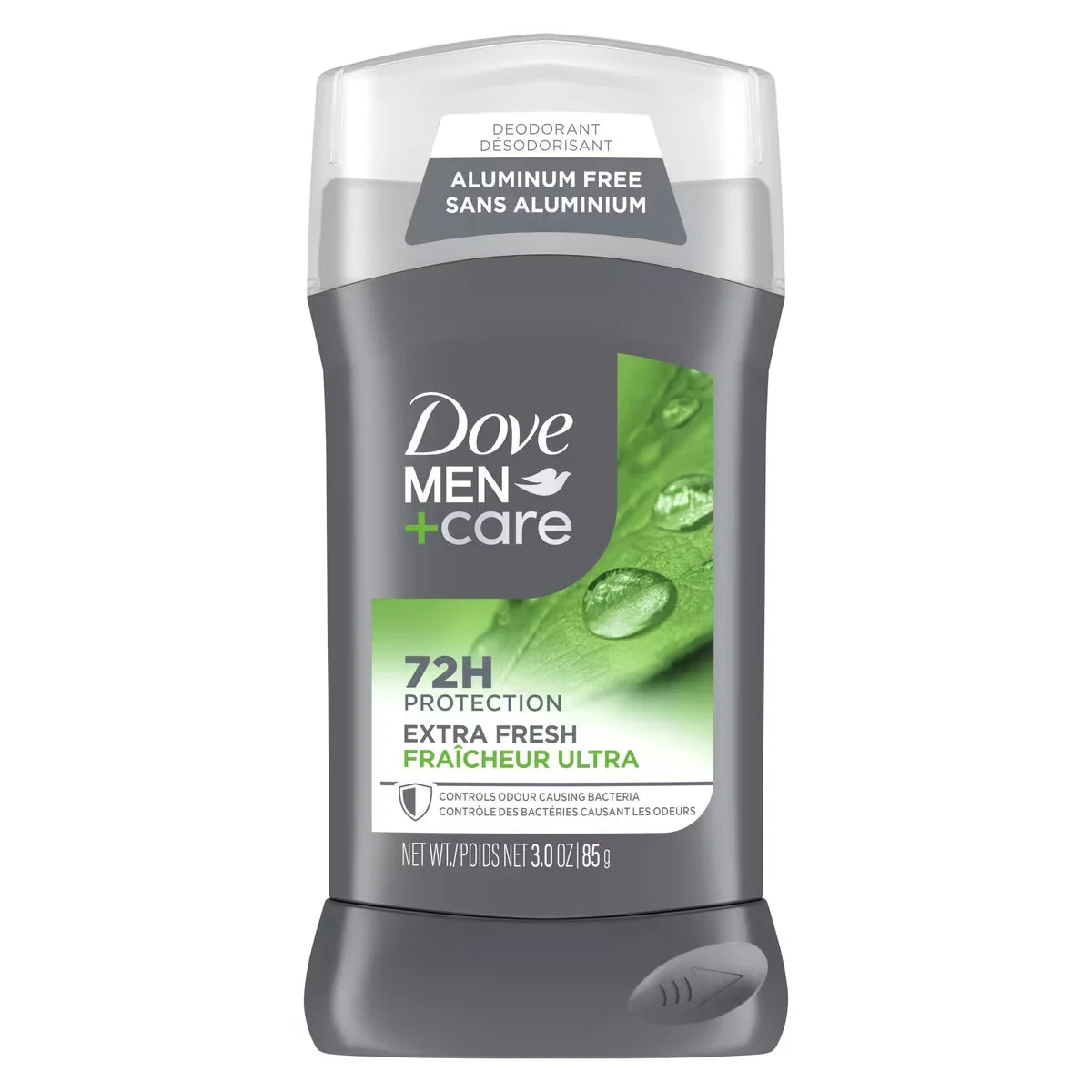 Dove Men+Care Deodorant Stick aluminum-free deodorant formula for 72H protection Extra Fresh with Vitamin E and Triple front package