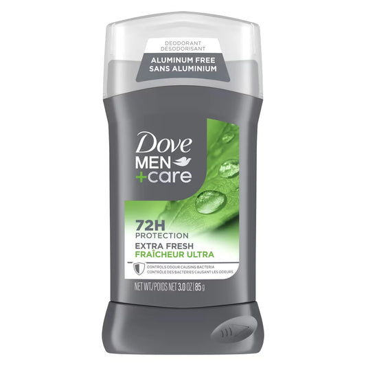 Dove Men+Care Deodorant Stick aluminum-free deodorant formula for 72H protection Extra Fresh with Vitamin E and Triple front package
