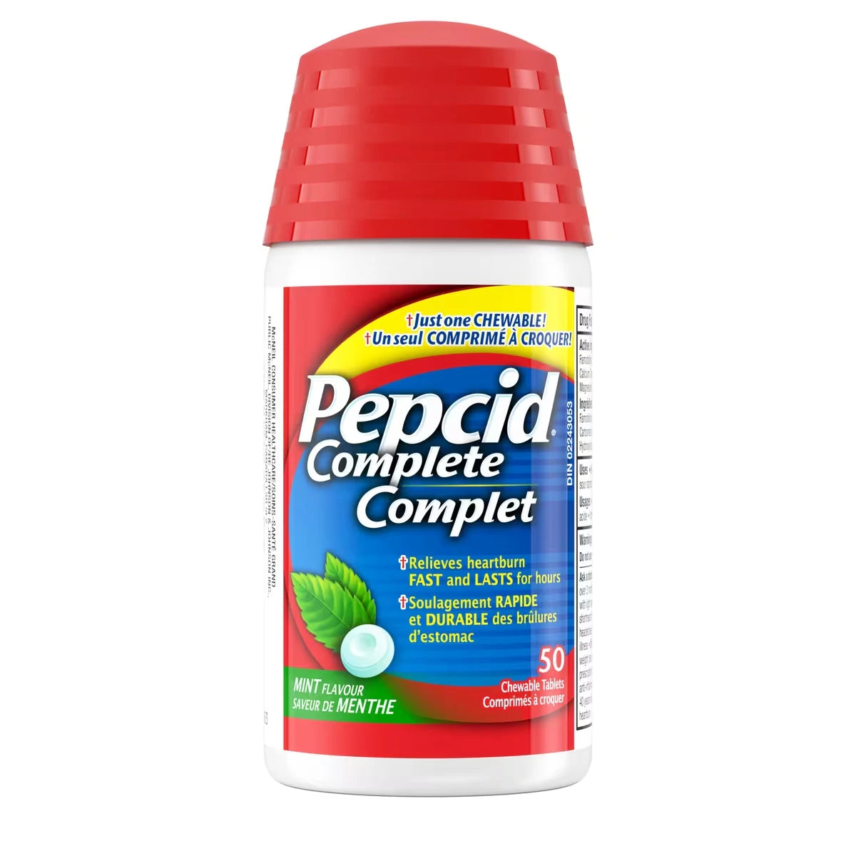 Pepcid Complete Chewable Mint tablets, Acid Reducer for Heartburn 50 ea front package