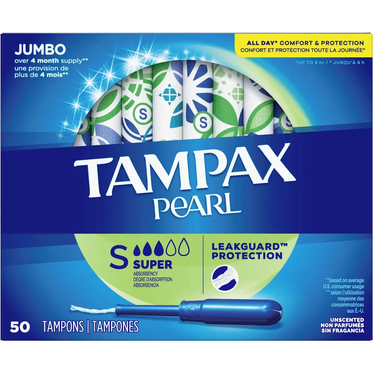Tampax Pearl Tampons Super Absorbency, 50 Count front package