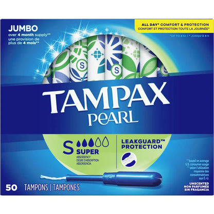 Tampax Pearl Tampons Super Absorbency, 50 Count front package