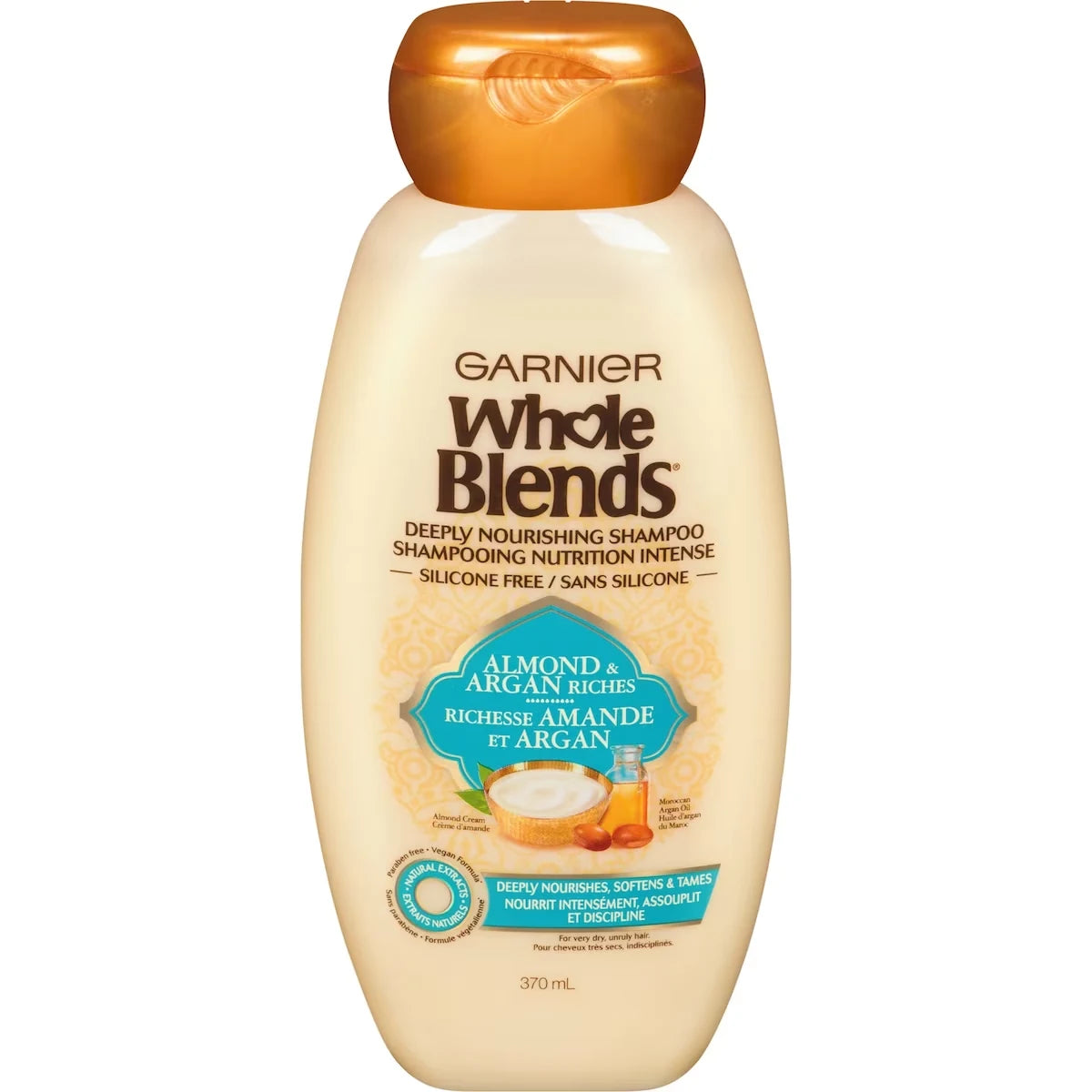 Garnier Whole Blends Shampoo, For Dry Hair, Almond & Argan Oil front package