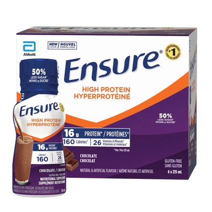 Ensure High Protein 16 g of protein, ready-to-drink nutritional supplement, Chocolate, 6 x 235 mL front package