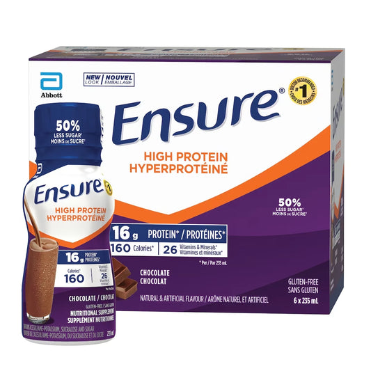 Ensure High Protein 16 g of protein, ready-to-drink nutritional supplement, Chocolate, 6 x 235 mL front package