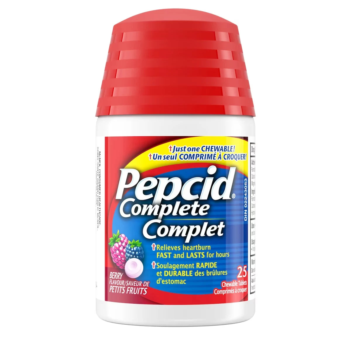 Pepcid Complete 25 Chewable Berry Tablets front package