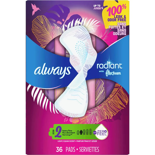 Always Radiant FlexFoam Pads for Women Size 2 Heavy Flow Absorbency with Wings, 36 Count front package