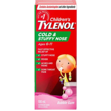 Children's Tylenol Cold & Stuffy Nose Age 6-11 Bubble Gum 100ml