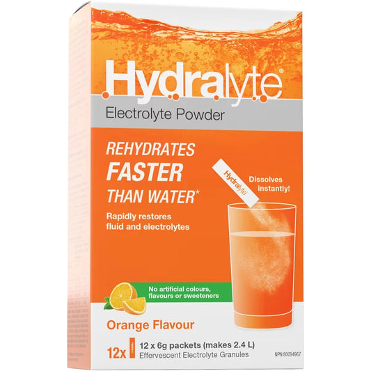 Hydralyte Effervescent Electrolyte Granule Sticks, Orange front package