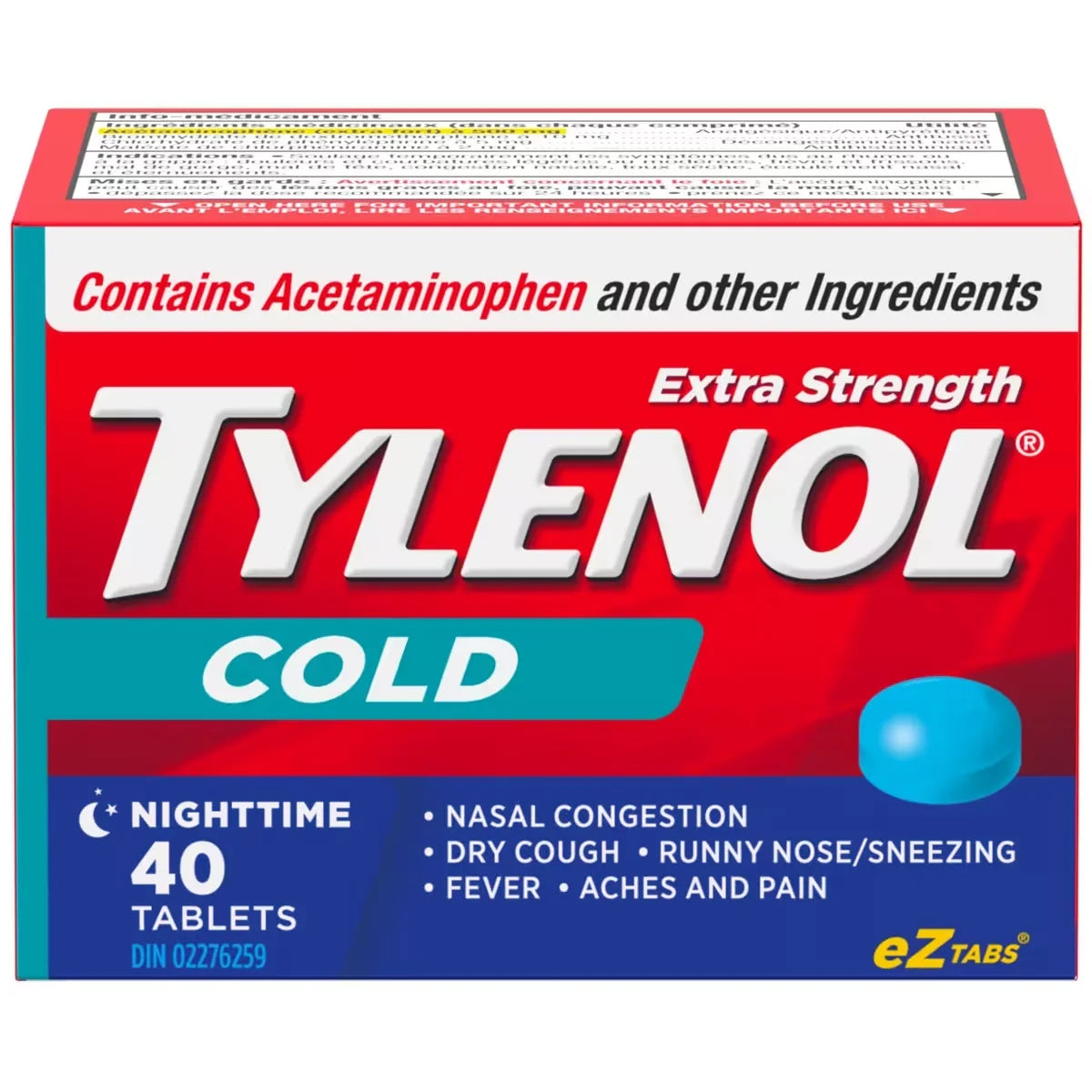Tylenol Extra Strength Cold Relief Nighttime Acetaminophen 500mg front package