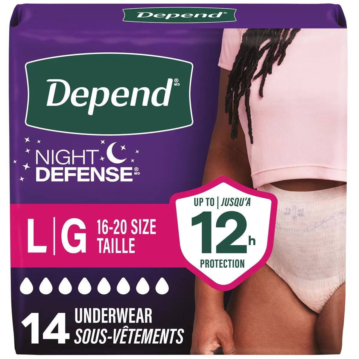 Depend Night Defense Incontinence Underwear for Women, Overnight, Large front package