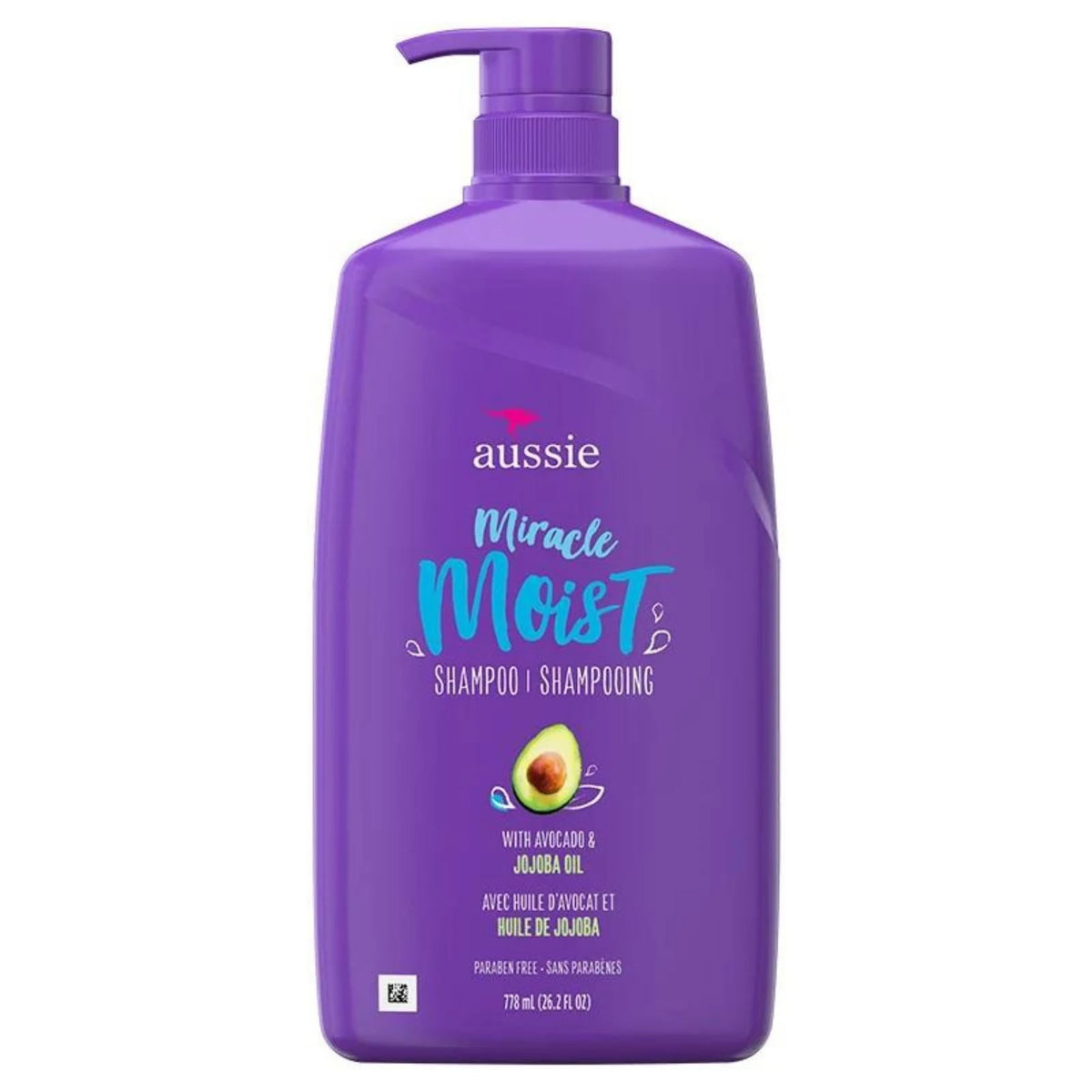 Aussie Paraben-Free Miracle Moist Shampoo w/ Avocado & Jojoba Oil For Dry Hair, 778 mL front package