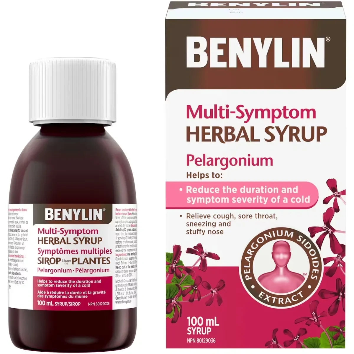 Benylin Multi-Symptom Herbal Syrup, Cough Suppressant, Sore Throat Relief, Common Cold, Pelargonium, Sidoides product package