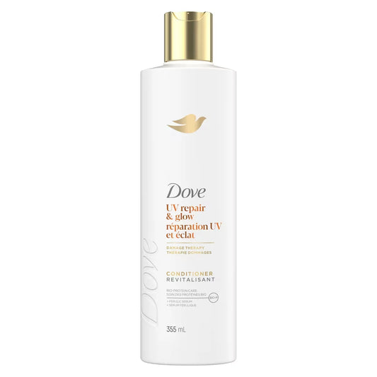 Dove Damage Therapy Conditioner Repairs 99% of UV hair damage* UV Repair & Glow with Ferulic Serum 355mL front package