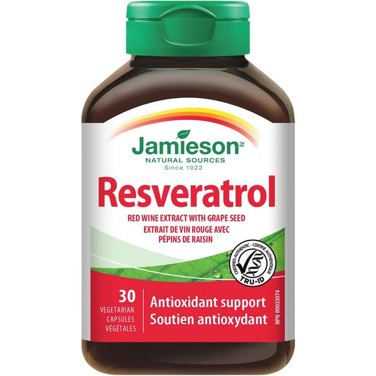 Jamieson Resveratrol Red Wine Extract with Grape Seed Capsules front package