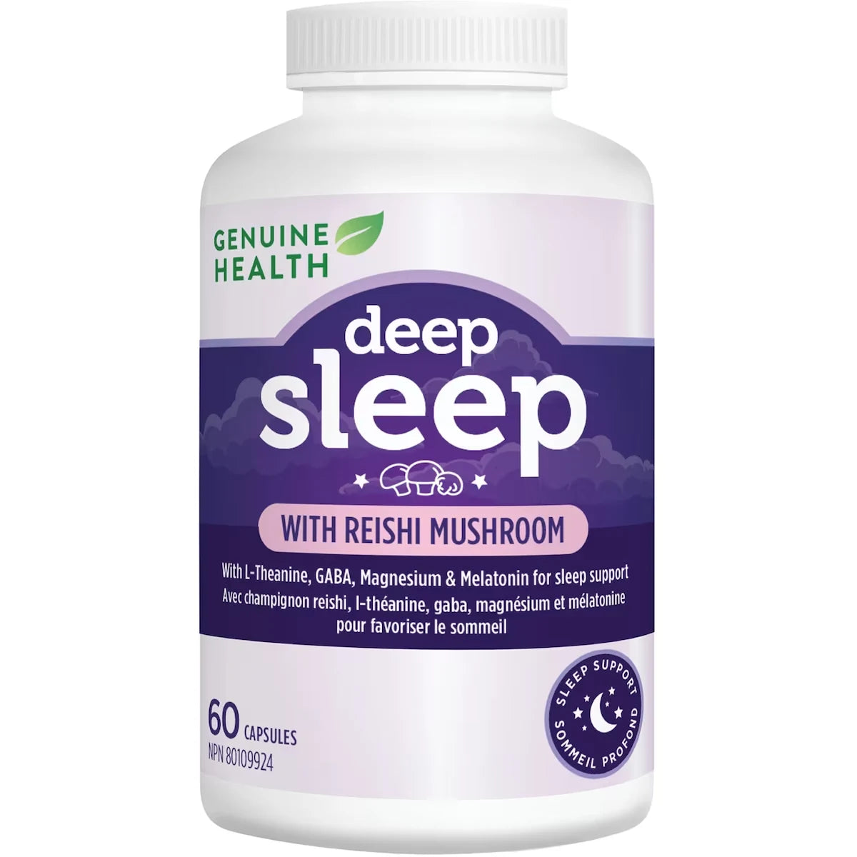 Genuine Health Deep Sleep with Reishi Mushroom, Vegan, Gluten Free, Soy Free, Non GMO, 60 Count Capsules front package