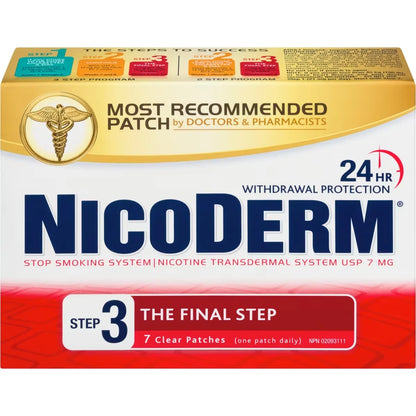 Nicoderm Stop Smoking System, STEP 3, 7 clear patches (one patch daily) 7 mg/day front package