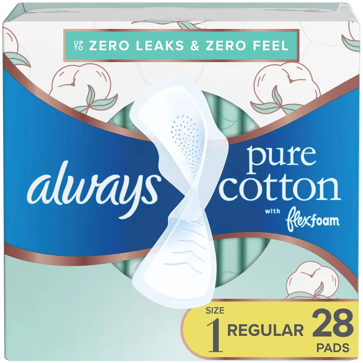 Always Pure Cotton with FlexFoam Pads Regular Absorbency Size 1, 28 Count front package