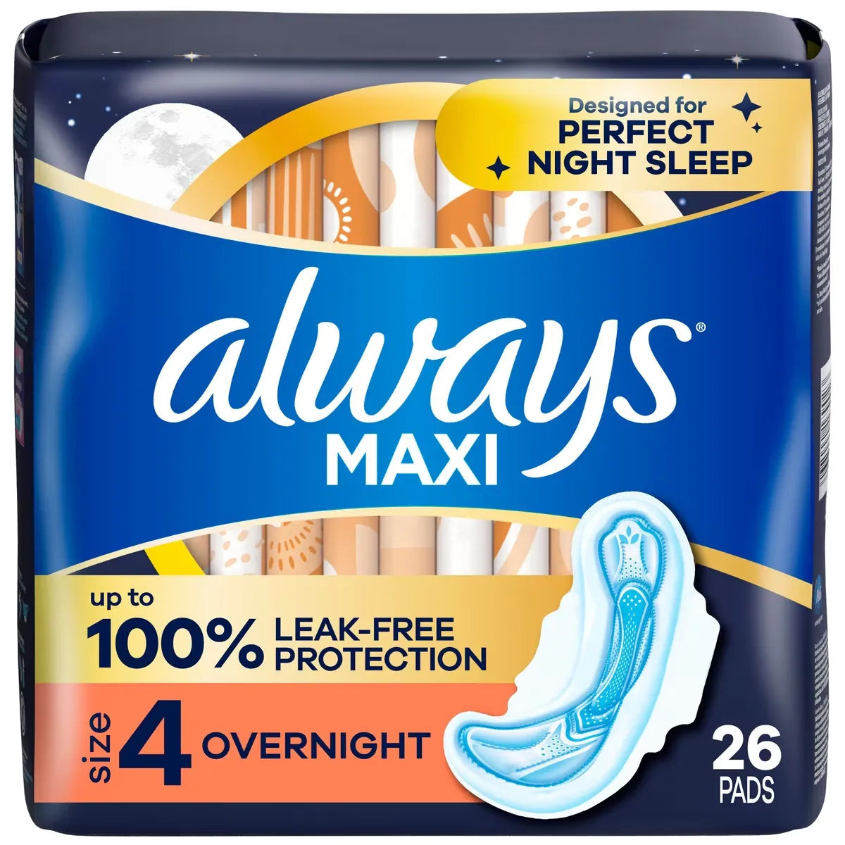 Always Maxi Overnight Pads with Wings for Women, Size 4, Overnight Absorbency, Unscented 26 Count front package