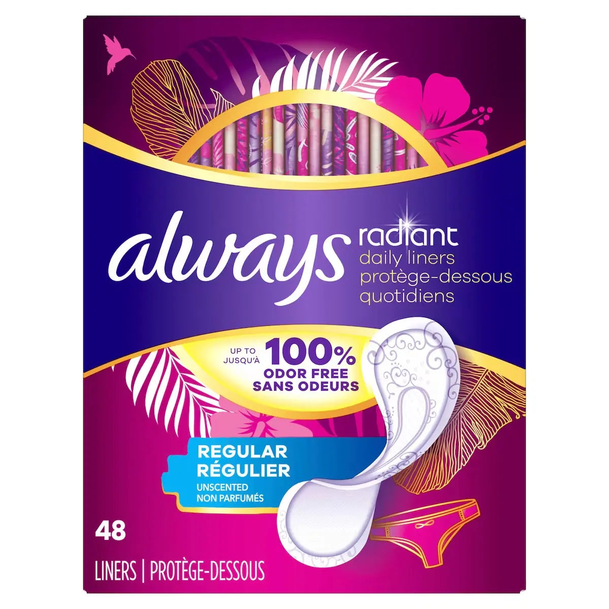 Always Radiant Daily Liners Regular Absorbency Unscented, 48 Count product detail