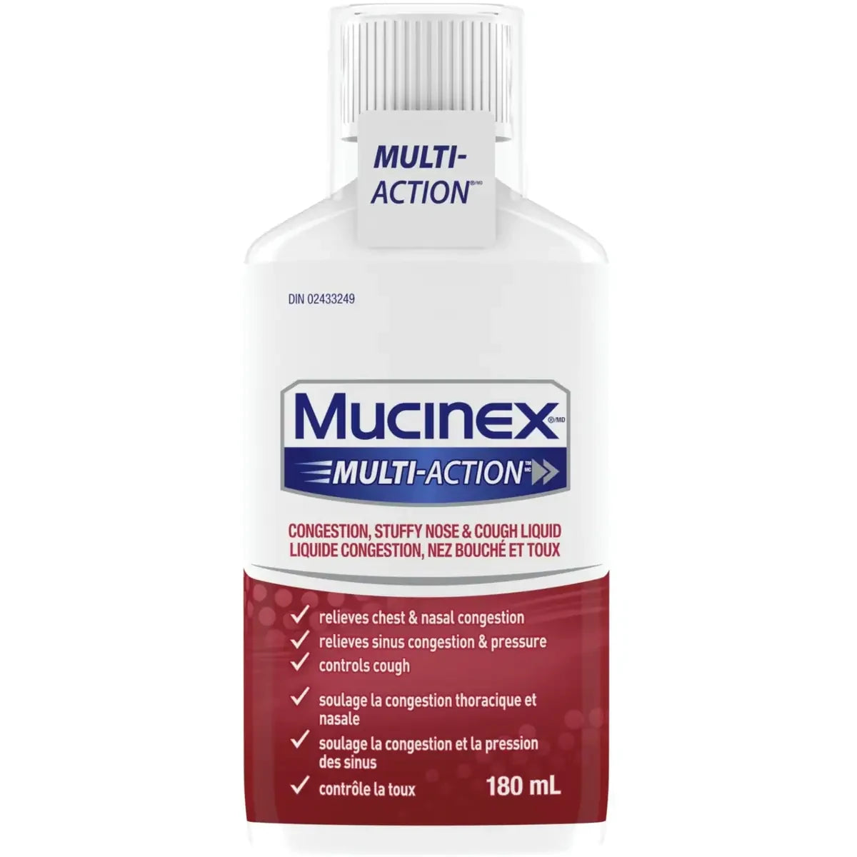 Mucinex Multi-ActionTM Congestion, Stuffy Nose & Cough Liquid, 180 Ml front package