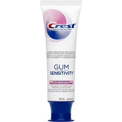 Crest Gum and Sensitivity, Sensitive Toothpaste All Day Protection, 110 mL front package