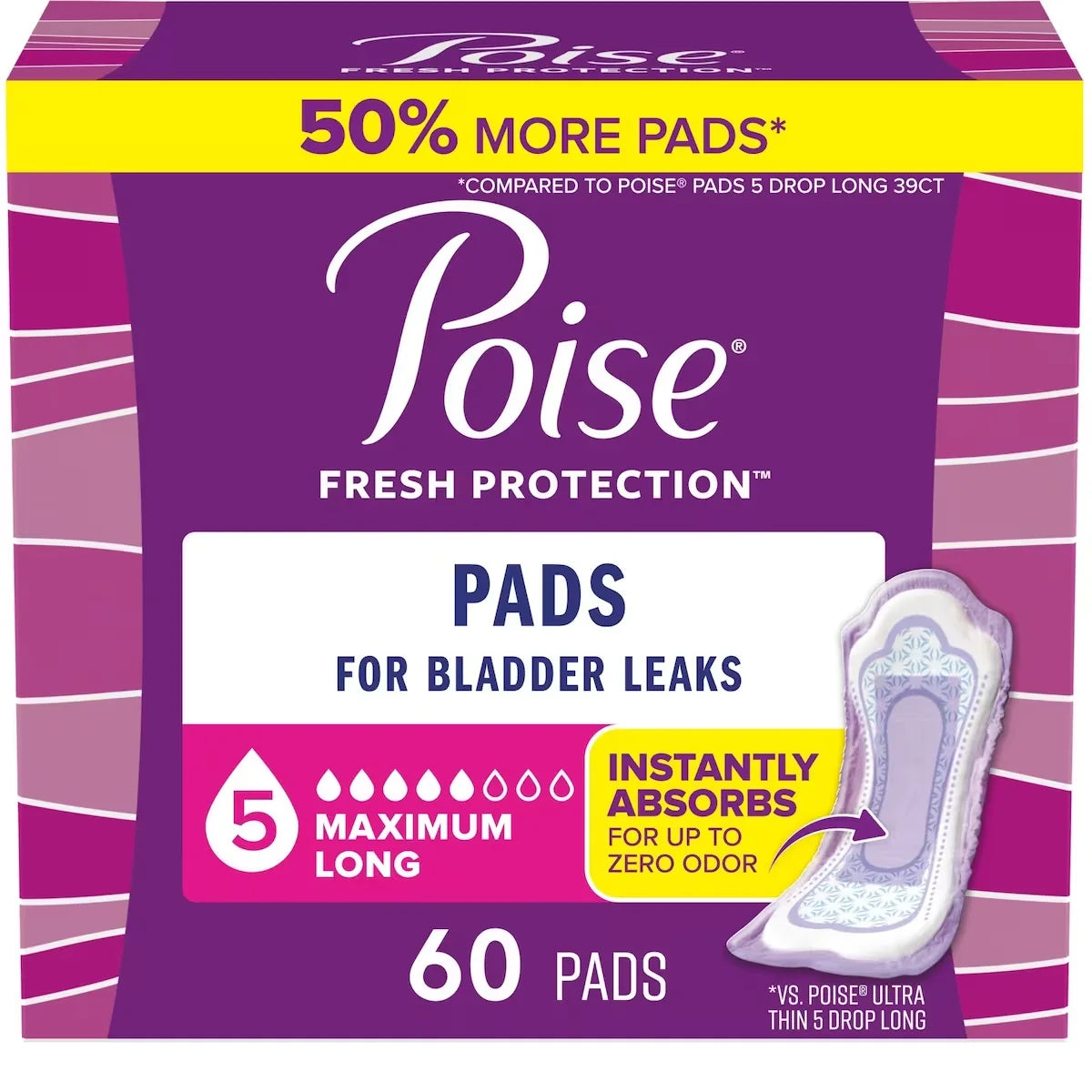 Poise Incontinence Pads & Postpartum Incontinence Pads, 5 Drop Maximum Absorbency, Long Length front package