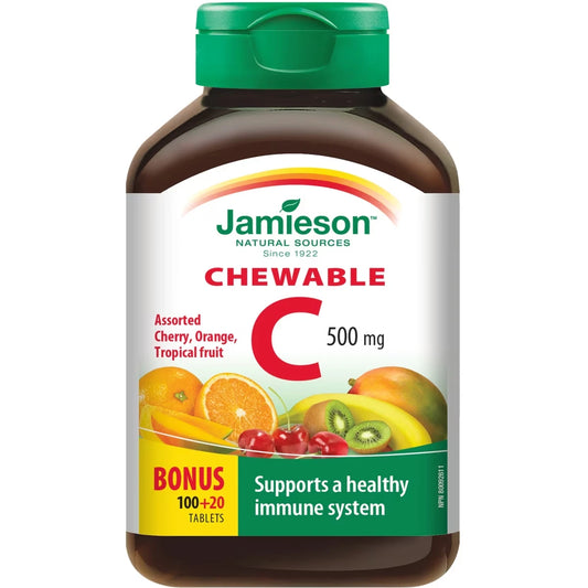 Jamieson Chewable Vitamin C 500 mg Mixed 3 Flavours front package