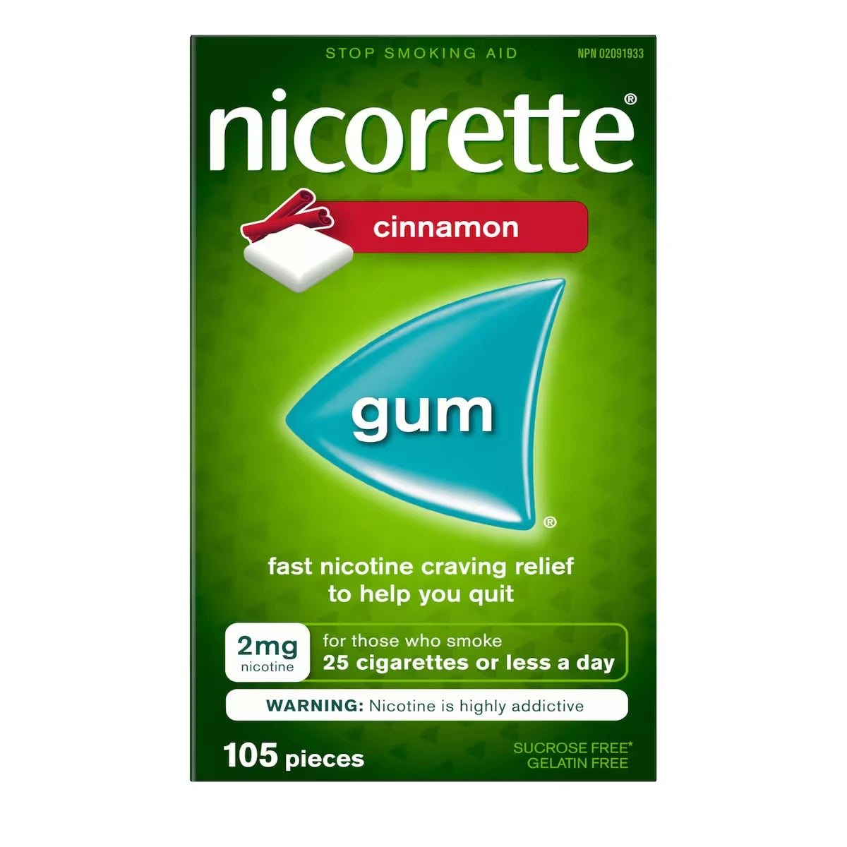 Nicorette Nicotine Gum, 2 mg, Cinnamon front package
