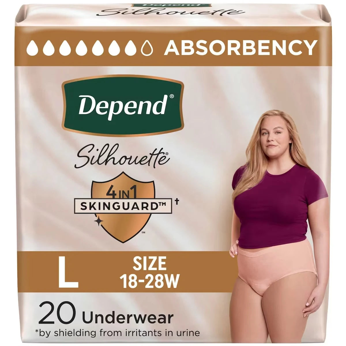 Depend Silhouette Adult Incontinence & Postpartum Underwear for Women, Maximum Absorbency, Large, Pink front package