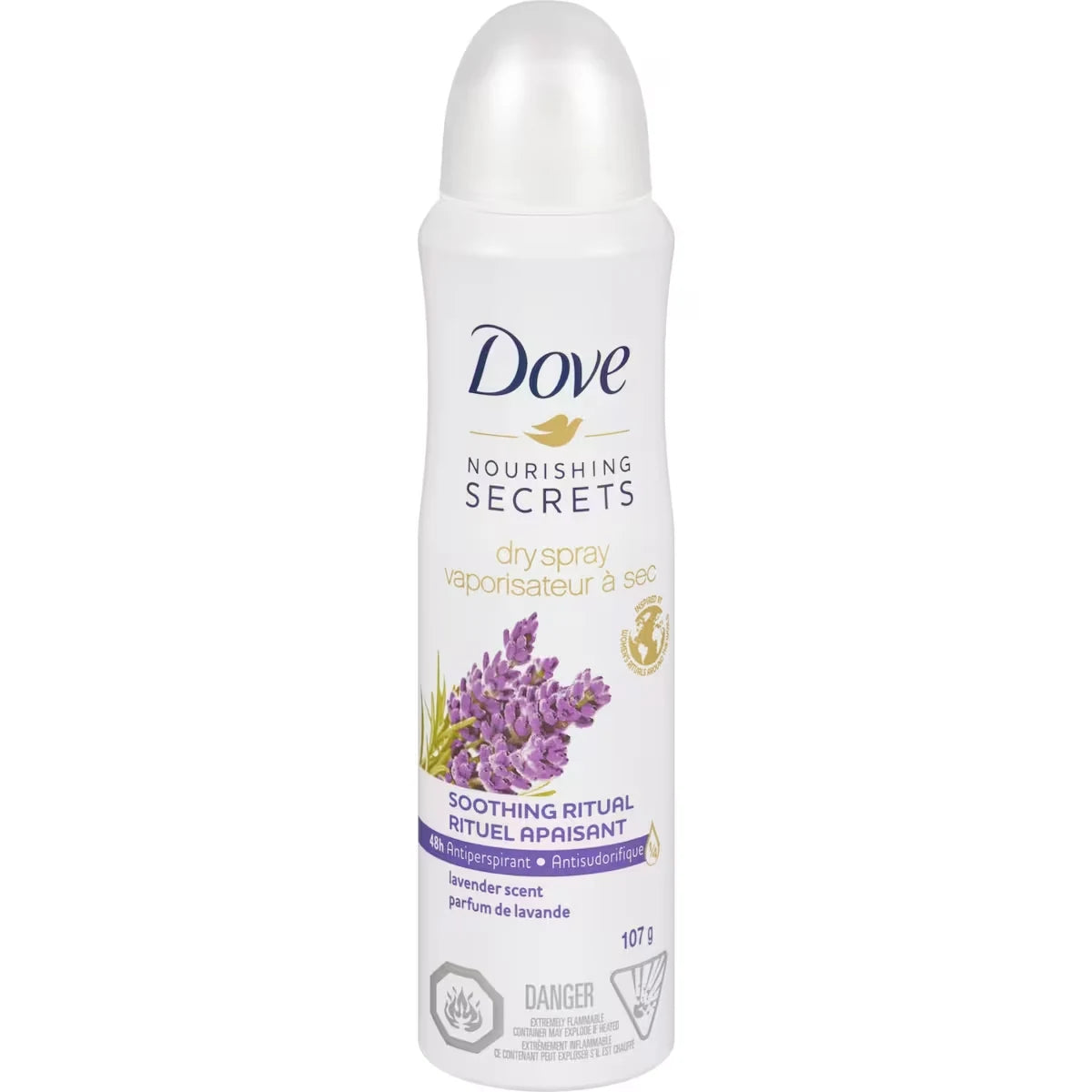 Dove Advanced Care Lavender Scent Dry Spray Antiperspirant Deodorant for Women with Pro-Ceramide Technology for Soft front package