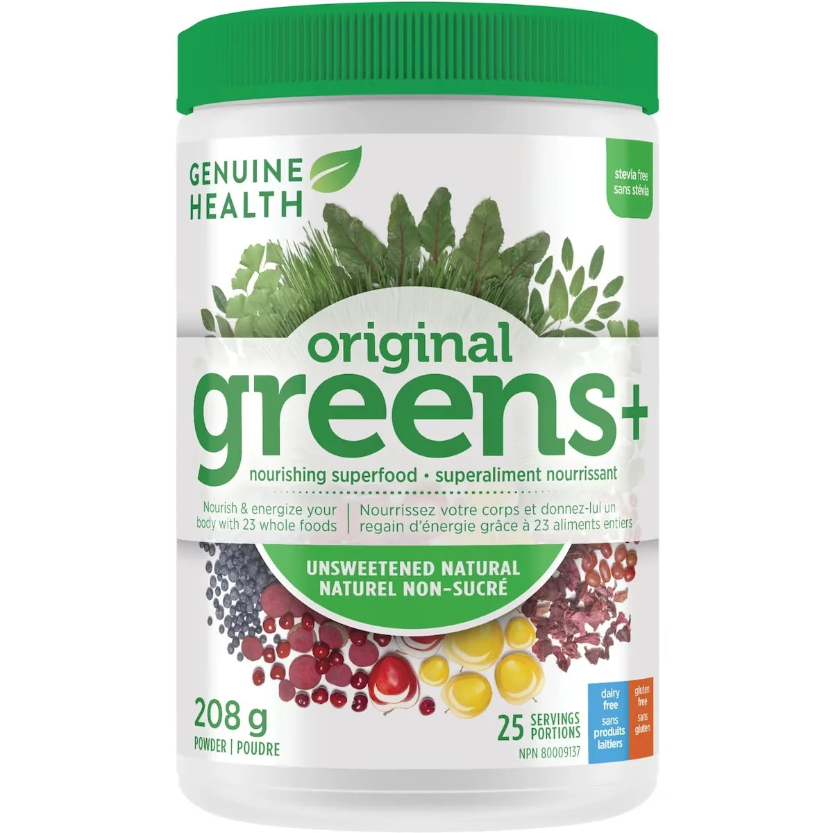 Genuine Health greens+ original unsweetened natural front package