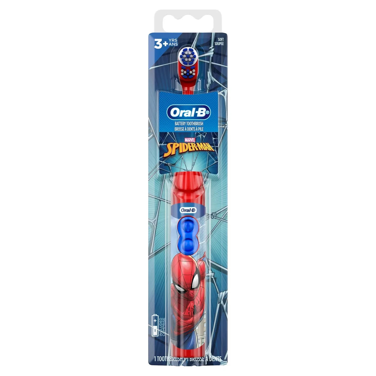 Oral-B Kid's Battery Toothbrush featuring Marvel's Spiderman, Soft Bristles, for Kids 3+ front package