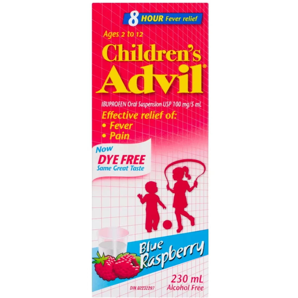 Advil Children's Fever and Pain Relief Ibuprofen Oral Suspension, Dye Free, Blue Raspberry, 230 mL front package
