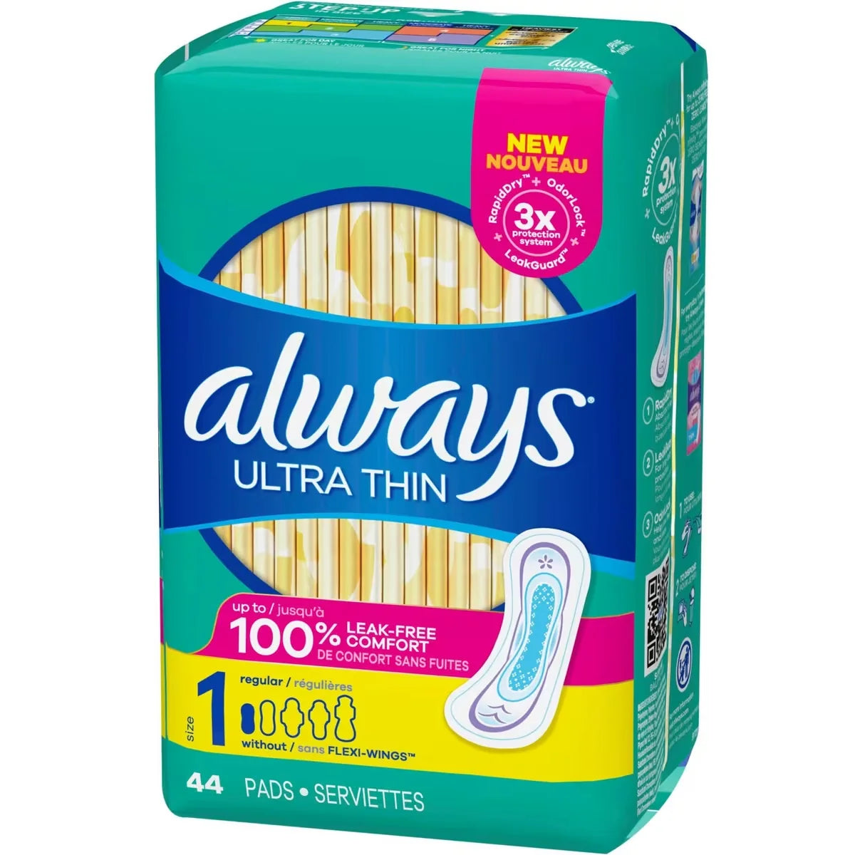 Always Ultra Thin Pads Size 1 Regular Absorbency Unscented without Wings, 44 Count front package