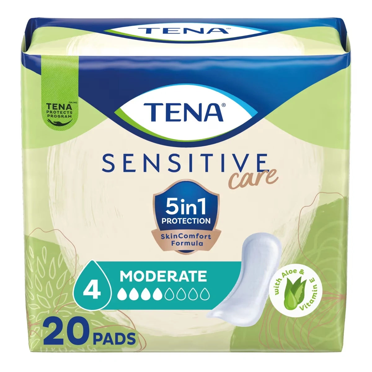 Tena Sensitive Care Incontinence Pads for Women , Bladder Leak Control and Postpartum, Moderate Absorbency, 20 count front package