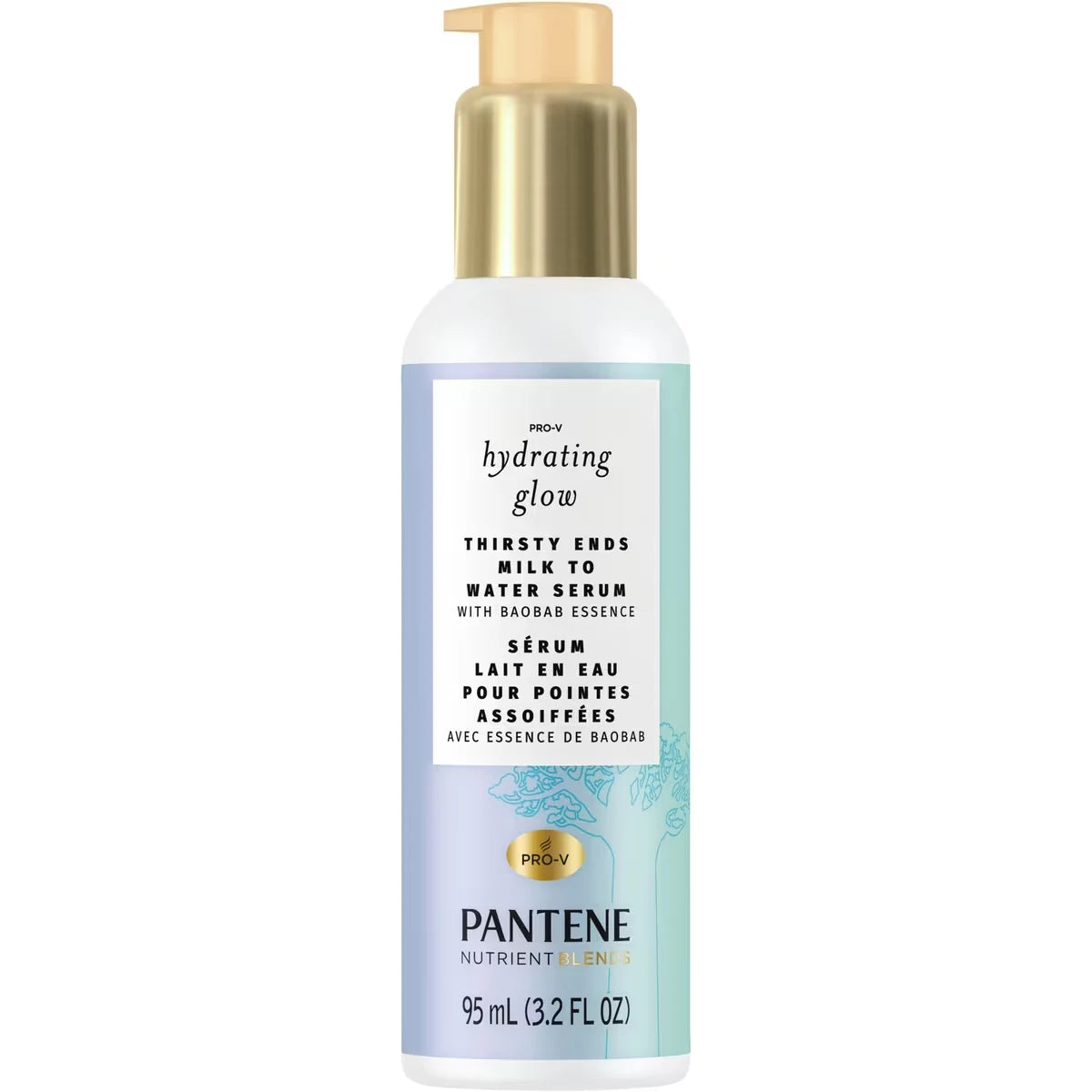 Pantene Hydrating Glow with Baobab Essence Thirsty Ends Milk to Water Hair Serum, 95 mL front package