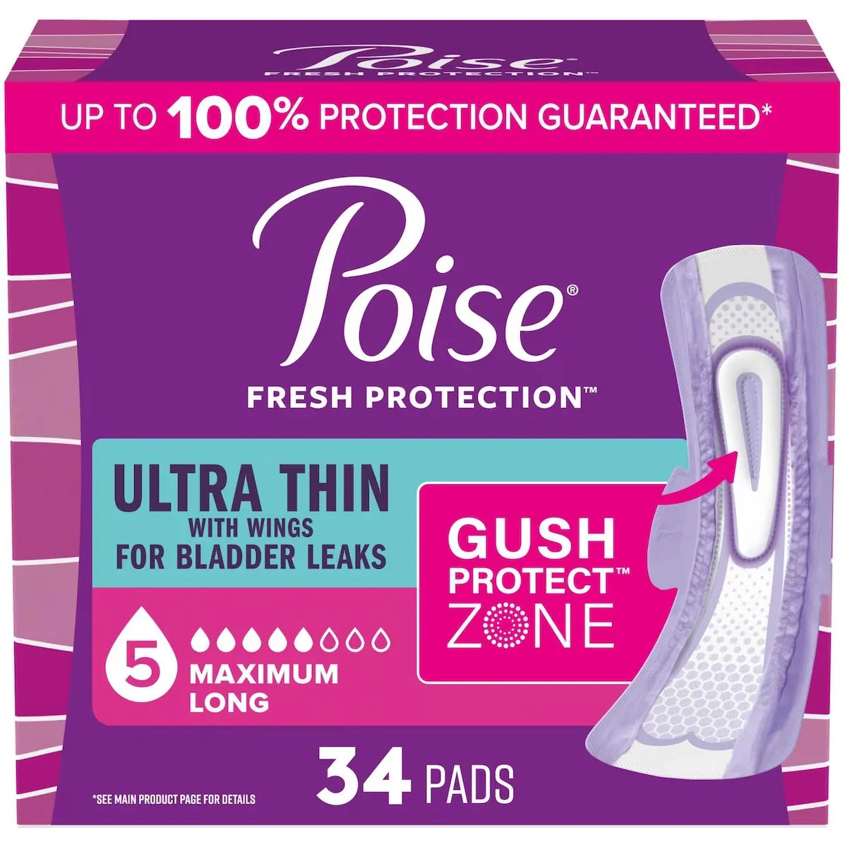 Poise Ultra Thin Incontinence & Postpartum Pads with Wings for Bladder Leaks, 5 Drop Maximum Absorbency, Long Length front package