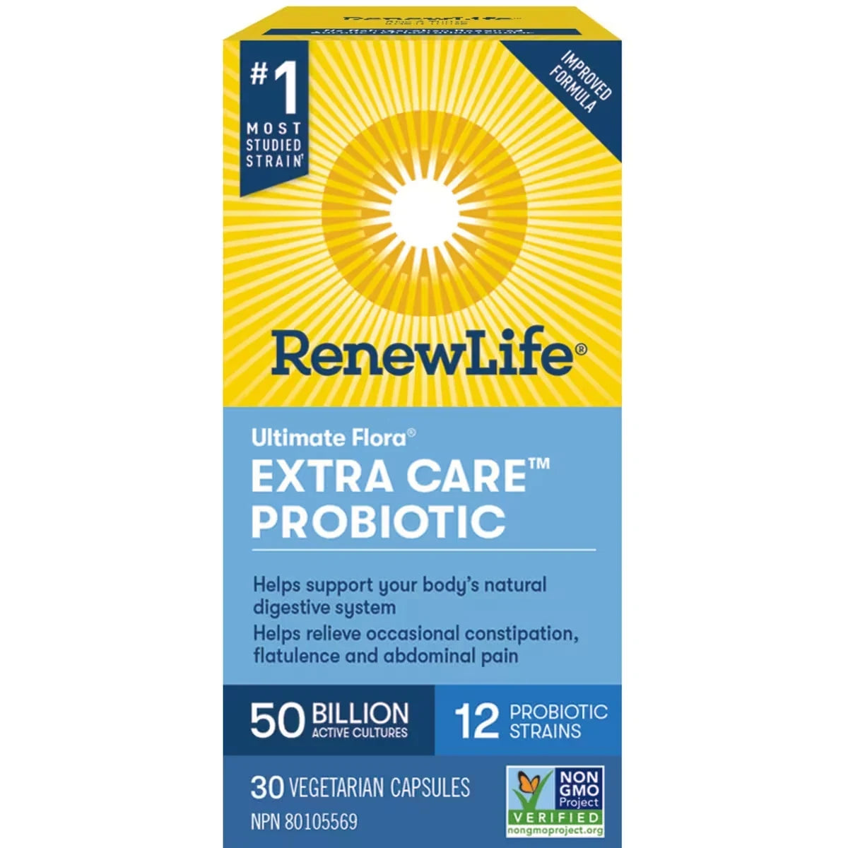 Renew Life Ultimate Flora Extra Care Probiotic, 50 Billion Active Cultures, 30 Vegetarian capsules product package