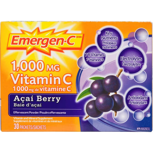 Emergen-C Vitamin C & Mineral Supplement Fizzy Drink Mix, Acai Berry, 30 Packets front package