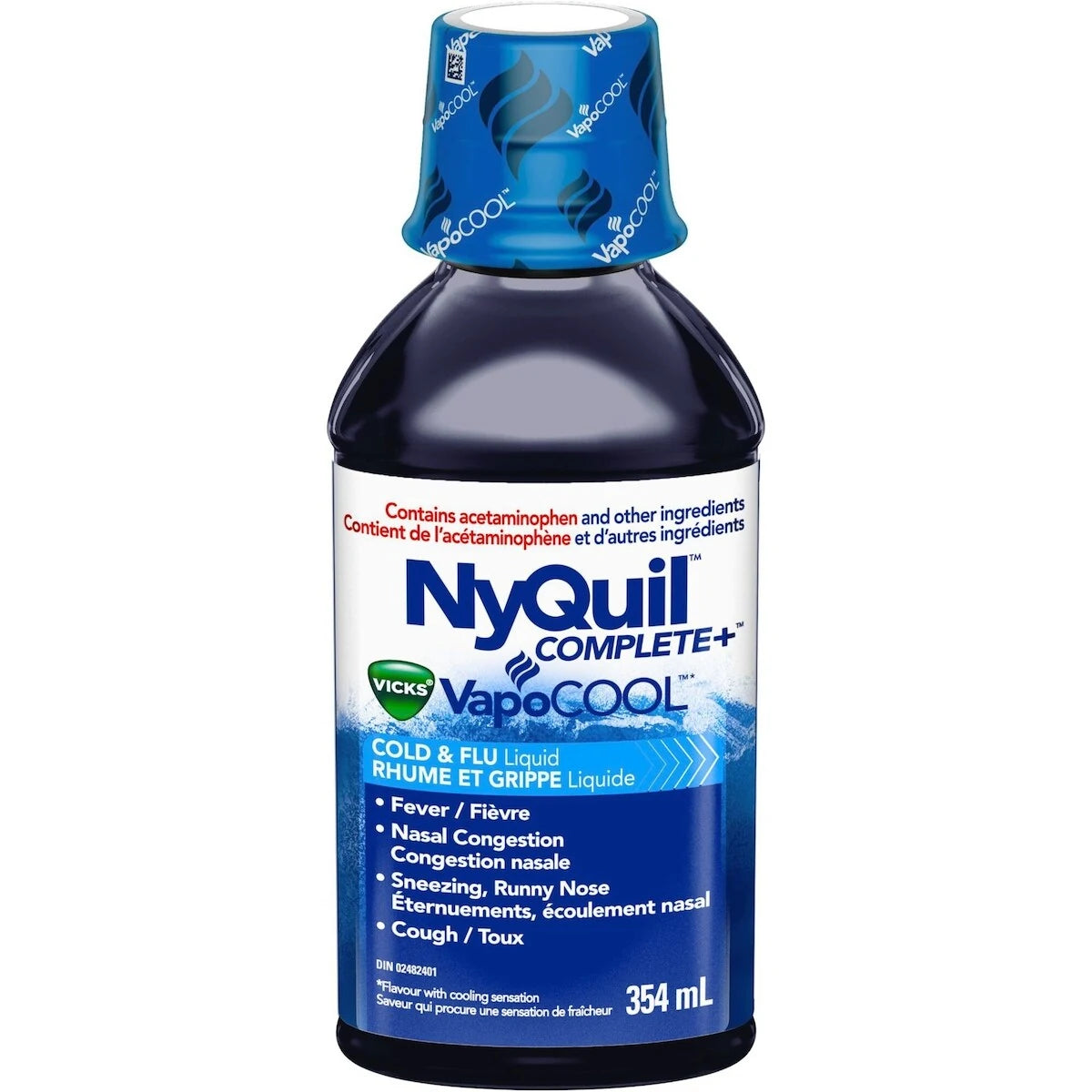Vicks NyQuil COMPLETE plus VapoCOOL Cold, Flu, and Congestion Medicine, 354 mL front package
