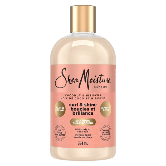 Shea Moisture SheaMoisture Coconut & Hibiscus Curl and Shine Shampoo for Thick Curly hair with Silk Protein & Neem Oil front package