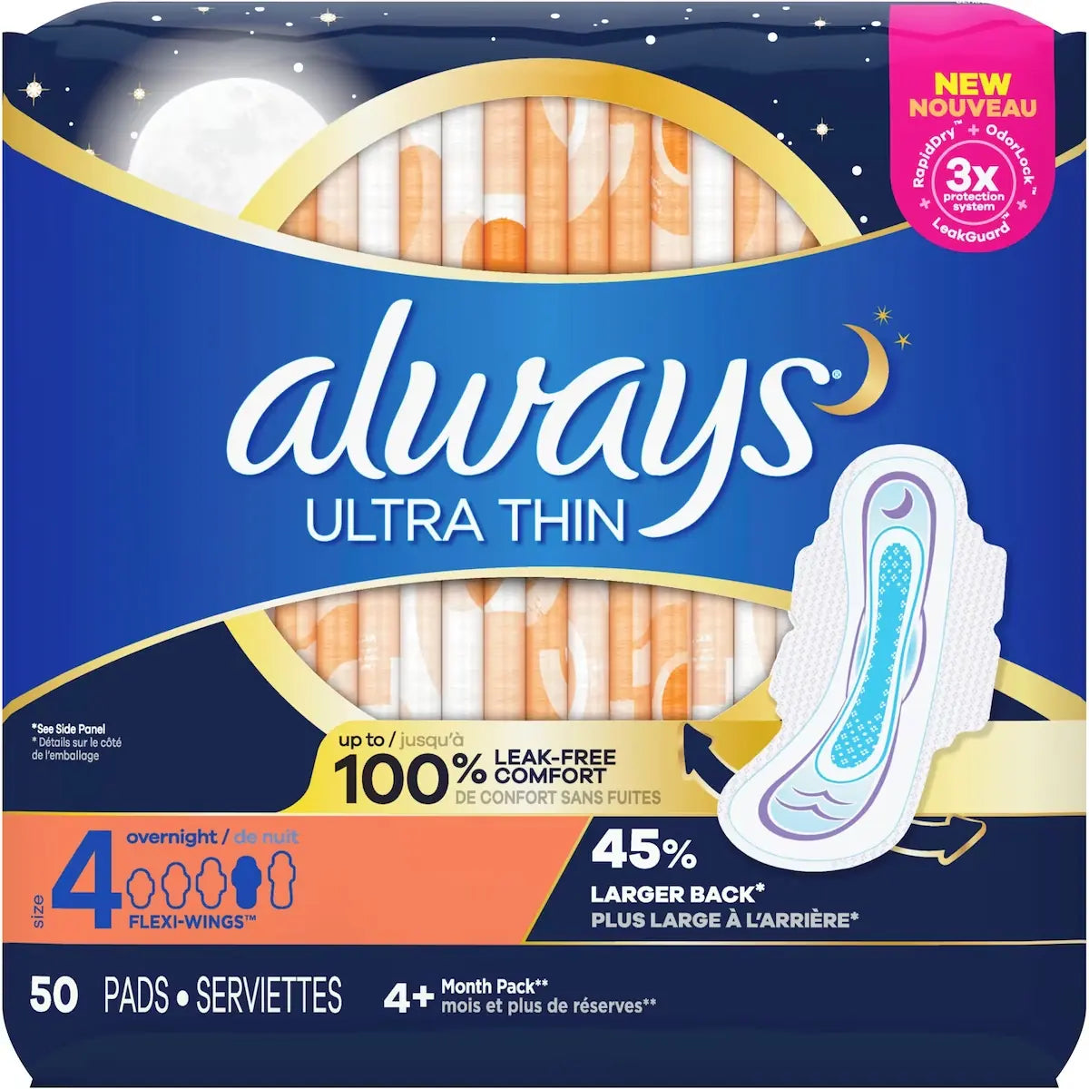 Always Ultra Thin Overnight Pads with Flexi-Wings, Size 4, Overnight, Unscented front package
